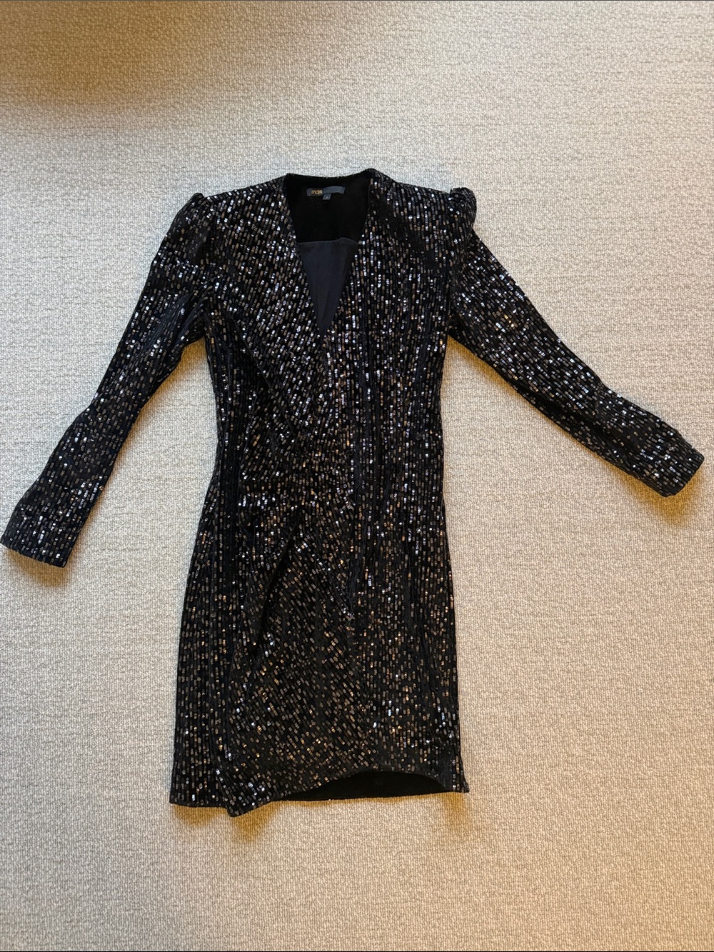 Maje Black Sequin Long Sleeve V-Neck Mini Dress